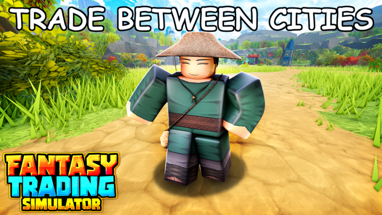 Official Fantasy Trading Simulator promotional art showing a merchant walking along a road between settlements