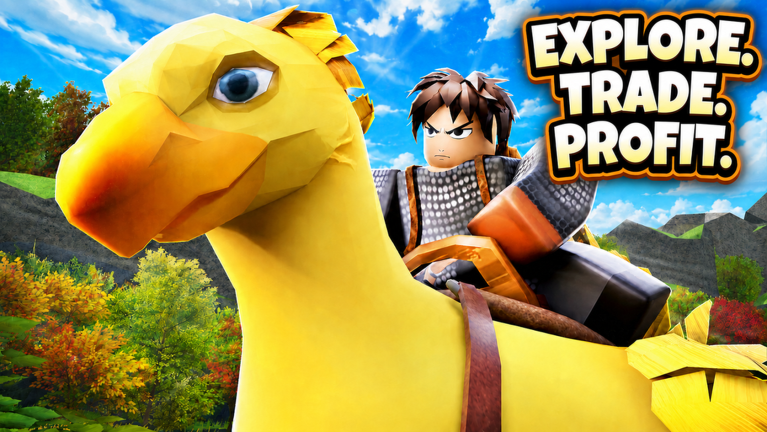 Official Fantasy Trading Simulator promotional art showing a yellow bird-like mount beside a trader